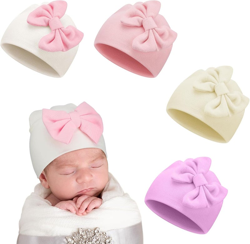 Cuffbow 4 Pcs Preemie Hats Bow Cap Warm Hospital Premature Baby Cotton Beanie for Premature Boy Girl Newborn 3-7 Lbs Infant - Image 1